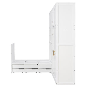 English Elm Twin Murphy Fold Down Wall Bed with Led Shelving Wardrobe and Overhead Cabinet Storage White LT000329AAK