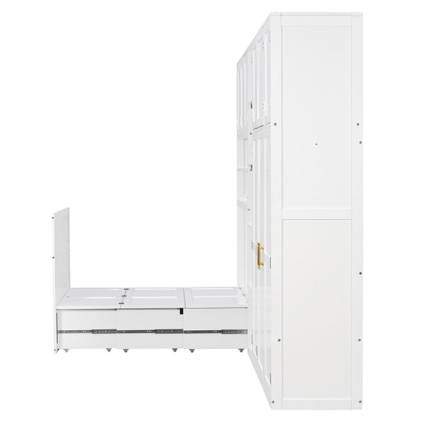 English Elm Twin Murphy Fold Down Wall Bed with Led Shelving Wardrobe and Overhead Cabinet Storage White LT000329AAK