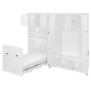English Elm Twin Murphy Fold Down Wall Bed with Led Shelving Wardrobe and Overhead Cabinet Storage White LT000329AAK