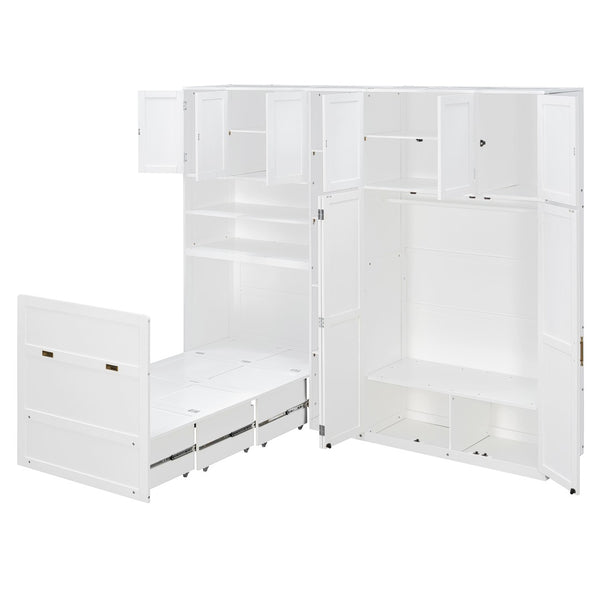English Elm Twin Murphy Fold Down Wall Bed with Led Shelving Wardrobe and Overhead Cabinet Storage White LT000329AAK