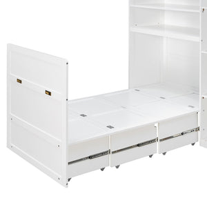 English Elm Twin Murphy Fold Down Wall Bed with Led Shelving Wardrobe and Overhead Cabinet Storage White LT000329AAK