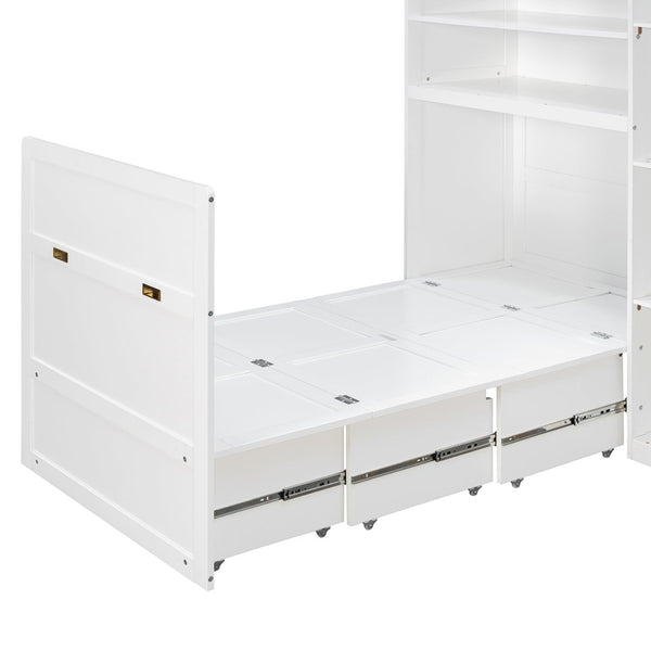 English Elm Twin Murphy Fold Down Wall Bed with Led Shelving Wardrobe and Overhead Cabinet Storage White LT000329AAK