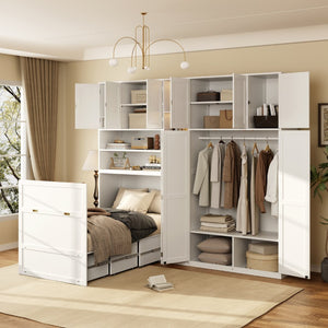 English Elm Twin Murphy Fold Down Wall Bed with Led Shelving Wardrobe and Overhead Cabinet Storage White LT000329AAK