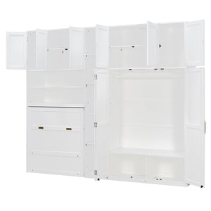 English Elm Twin Murphy Fold Down Wall Bed with Led Shelving Wardrobe and Overhead Cabinet Storage White LT000329AAK