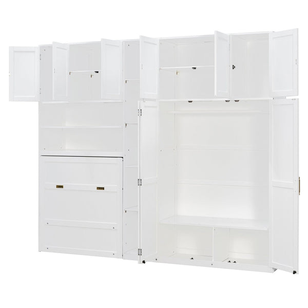 English Elm Twin Murphy Fold Down Wall Bed with Led Shelving Wardrobe and Overhead Cabinet Storage White LT000329AAK
