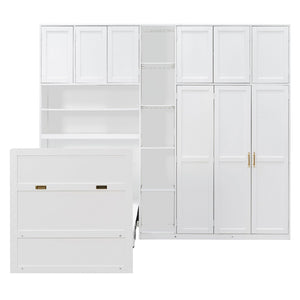 English Elm Twin Murphy Fold Down Wall Bed with Led Shelving Wardrobe and Overhead Cabinet Storage White LT000329AAK