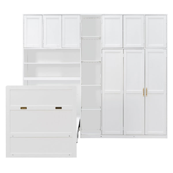 English Elm Twin Murphy Fold Down Wall Bed with Led Shelving Wardrobe and Overhead Cabinet Storage White LT000329AAK