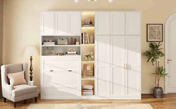 English Elm Twin Murphy Fold Down Wall Bed with Led Shelving Wardrobe and Overhead Cabinet Storage White LT000329AAK