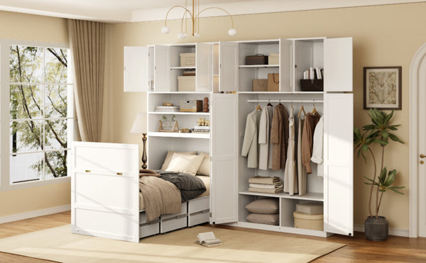 English Elm Twin Murphy Fold Down Wall Bed with Led Shelving Wardrobe and Overhead Cabinet Storage White LT000329AAK