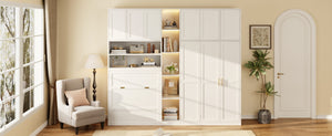 English Elm Twin Murphy Fold Down Wall Bed with Led Shelving Wardrobe and Overhead Cabinet Storage White LT000329AAK
