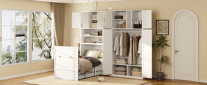 English Elm Twin Murphy Fold Down Wall Bed with Led Shelving Wardrobe and Overhead Cabinet Storage White LT000329AAK
