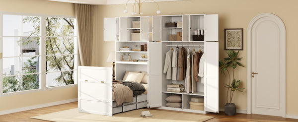 English Elm Twin Murphy Fold Down Wall Bed with Led Shelving Wardrobe and Overhead Cabinet Storage White LT000329AAK