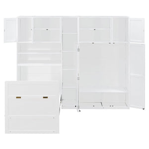 English Elm Twin Murphy Fold Down Wall Bed with Led Shelving Wardrobe and Overhead Cabinet Storage White LT000329AAK