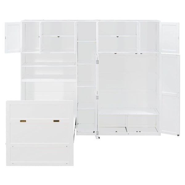English Elm Twin Murphy Fold Down Wall Bed with Led Shelving Wardrobe and Overhead Cabinet Storage White LT000329AAK