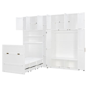 English Elm Twin Murphy Fold Down Wall Bed with Led Shelving Wardrobe and Overhead Cabinet Storage White LT000329AAK