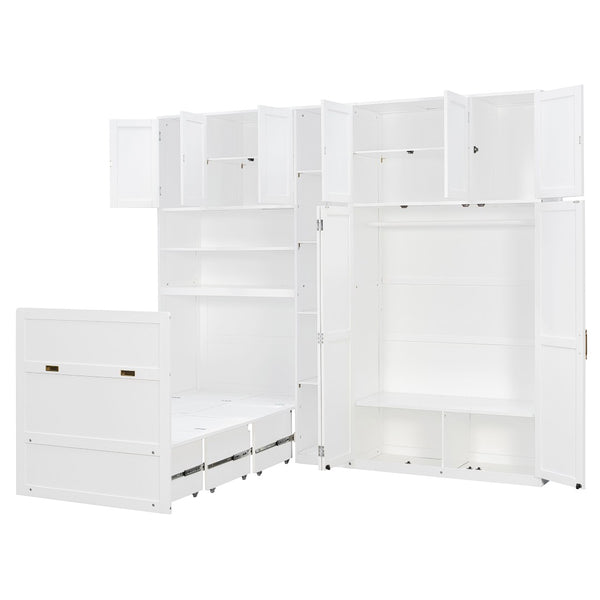 English Elm Twin Murphy Fold Down Wall Bed with Led Shelving Wardrobe and Overhead Cabinet Storage White LT000329AAK