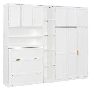 English Elm Twin Murphy Fold Down Wall Bed with Led Shelving Wardrobe and Overhead Cabinet Storage White LT000329AAK