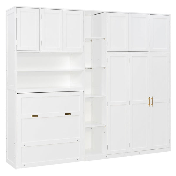 English Elm Twin Murphy Fold Down Wall Bed with Led Shelving Wardrobe and Overhead Cabinet Storage White LT000329AAK