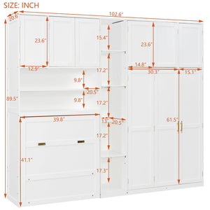 English Elm Twin Murphy Fold Down Wall Bed with Led Shelving Wardrobe and Overhead Cabinet Storage White LT000329AAK