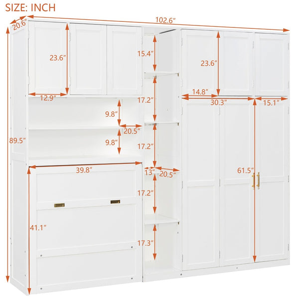 English Elm Twin Murphy Fold Down Wall Bed with Led Shelving Wardrobe and Overhead Cabinet Storage White LT000329AAK