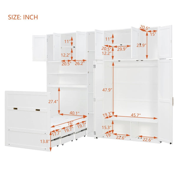 English Elm Twin Murphy Fold Down Wall Bed with Led Shelving Wardrobe and Overhead Cabinet Storage White LT000329AAK