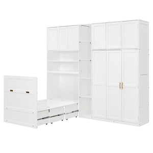 English Elm Twin Murphy Fold Down Wall Bed with Led Shelving Wardrobe and Overhead Cabinet Storage White LT000329AAK