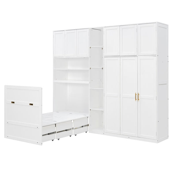 English Elm Twin Murphy Fold Down Wall Bed with Led Shelving Wardrobe and Overhead Cabinet Storage White LT000329AAK