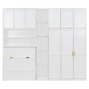 English Elm Twin Murphy Fold Down Wall Bed with Led Shelving Wardrobe and Overhead Cabinet Storage White LT000329AAK