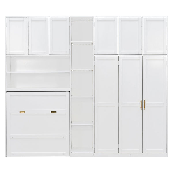 English Elm Twin Murphy Fold Down Wall Bed with Led Shelving Wardrobe and Overhead Cabinet Storage White LT000329AAK
