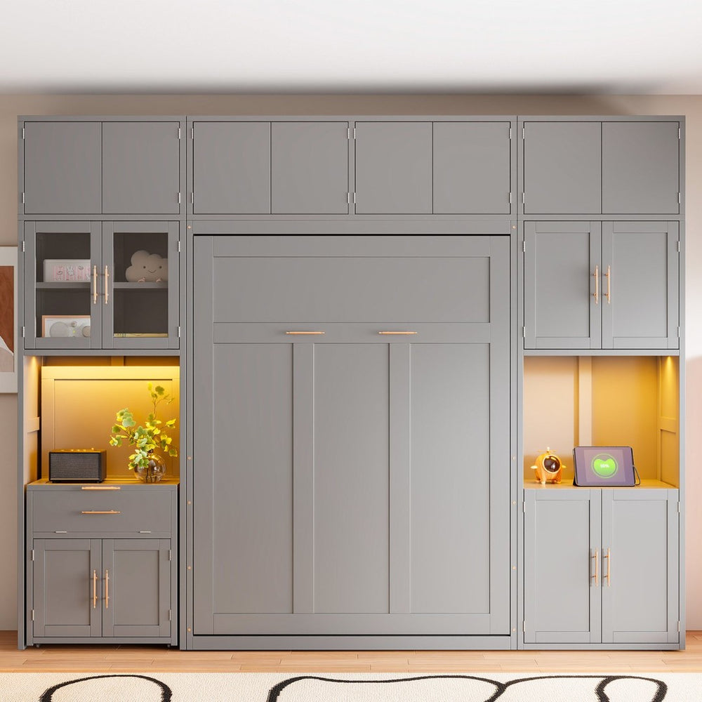 English Elm Full Size Murphy Wall Bed System with Desk Led Shelving Usb Charging and Glass Hutch Gray LT000330AAE