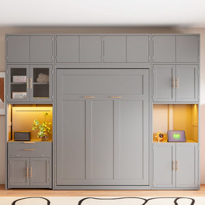 English Elm Full Size Murphy Wall Bed System with Desk Led Shelving Usb Charging and Glass Hutch Gray LT000330AAE