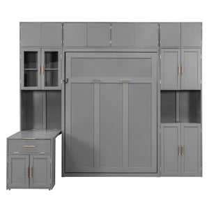 English Elm Full Size Murphy Wall Bed System with Desk Led Shelving Usb Charging and Glass Hutch Gray LT000330AAE