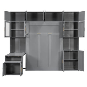 English Elm Full Size Murphy Wall Bed System with Desk Led Shelving Usb Charging and Glass Hutch Gray LT000330AAE