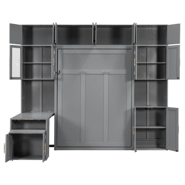 English Elm Full Size Murphy Wall Bed System with Desk Led Shelving Usb Charging and Glass Hutch Gray LT000330AAE