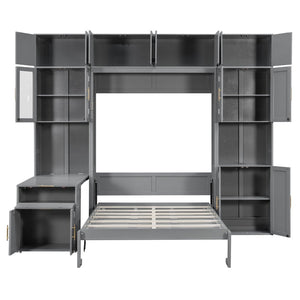English Elm Full Size Murphy Wall Bed System with Desk Led Shelving Usb Charging and Glass Hutch Gray LT000330AAE