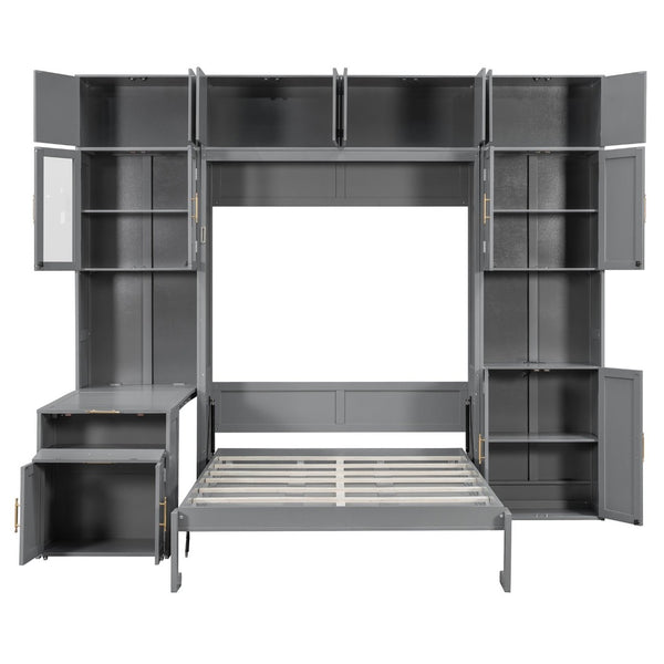 English Elm Full Size Murphy Wall Bed System with Desk Led Shelving Usb Charging and Glass Hutch Gray LT000330AAE