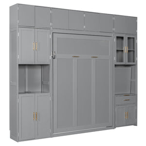 English Elm Full Size Murphy Wall Bed System with Desk Led Shelving Usb Charging and Glass Hutch Gray LT000330AAE