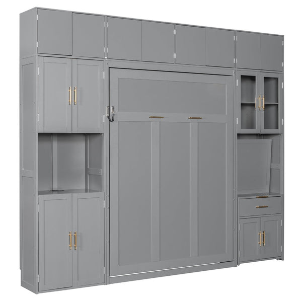 English Elm Full Size Murphy Wall Bed System with Desk Led Shelving Usb Charging and Glass Hutch Gray LT000330AAE