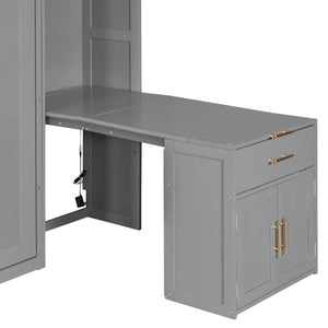 English Elm Full Size Murphy Wall Bed System with Desk Led Shelving Usb Charging and Glass Hutch Gray LT000330AAE