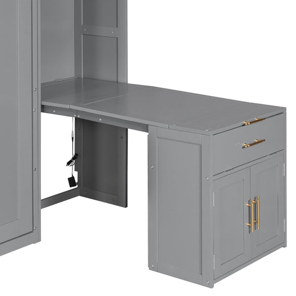 English Elm Full Size Murphy Wall Bed System with Desk Led Shelving Usb Charging and Glass Hutch Gray LT000330AAE