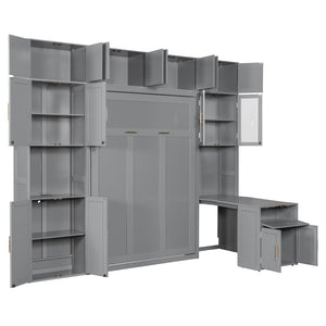 English Elm Full Size Murphy Wall Bed System with Desk Led Shelving Usb Charging and Glass Hutch Gray LT000330AAE