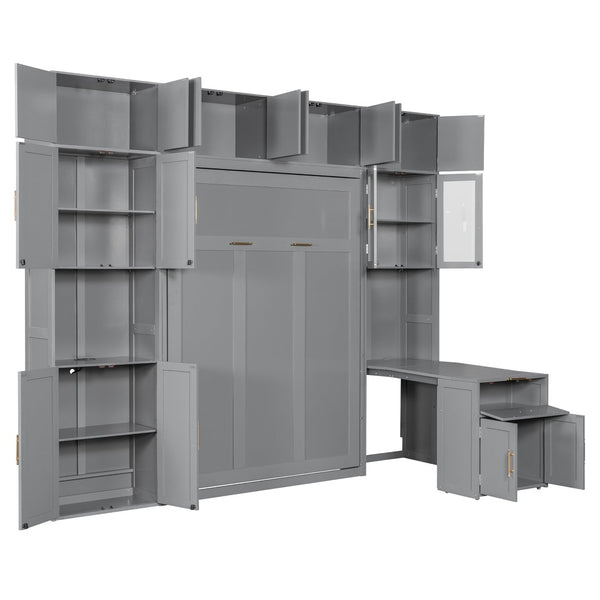 English Elm Full Size Murphy Wall Bed System with Desk Led Shelving Usb Charging and Glass Hutch Gray LT000330AAE