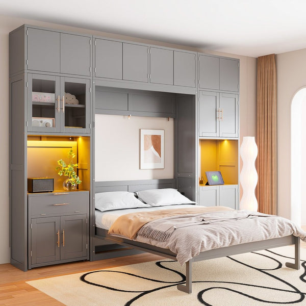 English Elm Full Size Murphy Wall Bed System with Desk Led Shelving Usb Charging and Glass Hutch Gray LT000330AAE