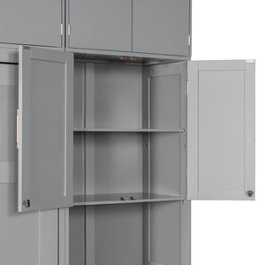 English Elm Full Size Murphy Wall Bed System with Desk Led Shelving Usb Charging and Glass Hutch Gray LT000330AAE