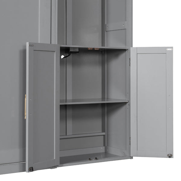 English Elm Full Size Murphy Wall Bed System with Desk Led Shelving Usb Charging and Glass Hutch Gray LT000330AAE