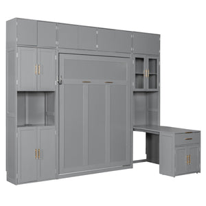 English Elm Full Size Murphy Wall Bed System with Desk Led Shelving Usb Charging and Glass Hutch Gray LT000330AAE