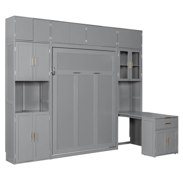 English Elm Full Size Murphy Wall Bed System with Desk Led Shelving Usb Charging and Glass Hutch Gray LT000330AAE