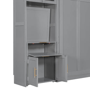 English Elm Full Size Murphy Wall Bed System with Desk Led Shelving Usb Charging and Glass Hutch Gray LT000330AAE