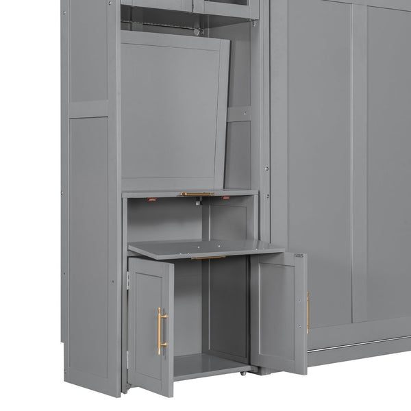 English Elm Full Size Murphy Wall Bed System with Desk Led Shelving Usb Charging and Glass Hutch Gray LT000330AAE