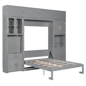 English Elm Full Size Murphy Wall Bed System with Desk Led Shelving Usb Charging and Glass Hutch Gray LT000330AAE